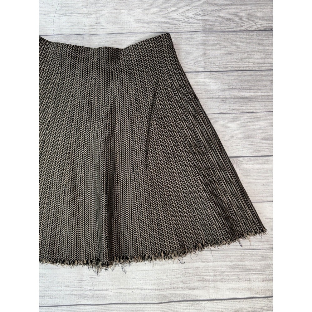 Vila Milano XL Black Tan Chevron Herringbone Knit A-Line Skirt Raw Fringe Hem - Picture 8 of 10